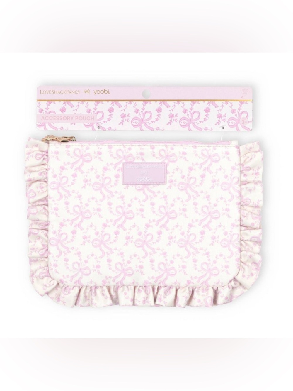 LoveShackFancy x yoobi Ruffle Bow Accessory Pouch in Pale Pink with Bows NWT